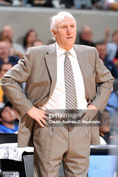 Head coach Gregg Popovich of the San Antonio Spurs watches the action against the Cleveland Cavaliers during the game on March 26, 2010 at the AT&T...