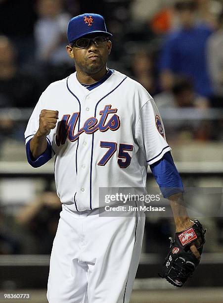 Francisco Rodriguez of the New York Mets celebrates the final out of the ninth inning against the Florida Marlins on April 7, 2010 at Citi Field in...