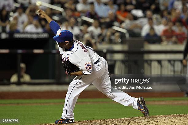 Francisco Rodriguez of the New York Mets pitches in the ninth inning against the Florida Marlins on April 7, 2010 at Citi Field in the Flushing...