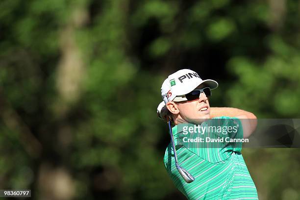 Hunter Mahan plays his second shot on the 11th hole during the second round of the 2010 Masters Tournament at Augusta National Golf Club on April 9,...
