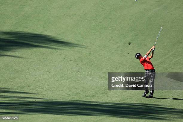 Ryo Ishikawa of Japan plays his second shot on the tenth hole during the second round of the 2010 Masters Tournament at Augusta National Golf Club on...