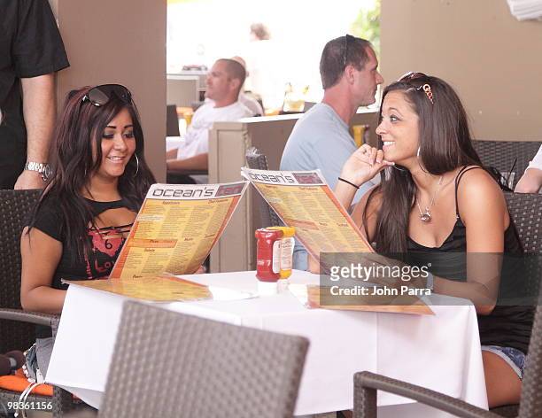 Nicole 'Snooki' Polizzi and Sammi 'Sweatheart' Giancola are seen on April 9, 2010 in Miami Beach, Florida.