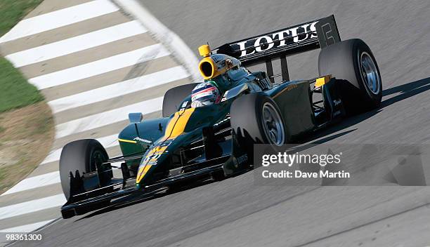 Takuma Sato of Tokyo, driver of the National Guard Panther Racing Dallara Honda races through turn 13 during practice for the IRL IndyCar Series...