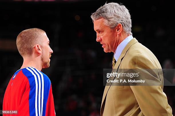 Steve Blake and head coach Kim Hughes of the Los Angeles Clippers talk during the game against the Phoenix Suns on February 26, 2010 at U.S. Airways...