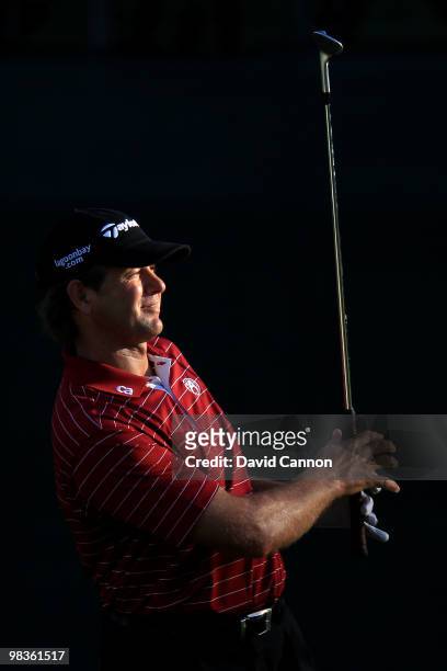 Retief Goosen of South Africa watches his tee shot on the 16th hole during the second round of the 2010 Masters Tournament at Augusta National Golf...