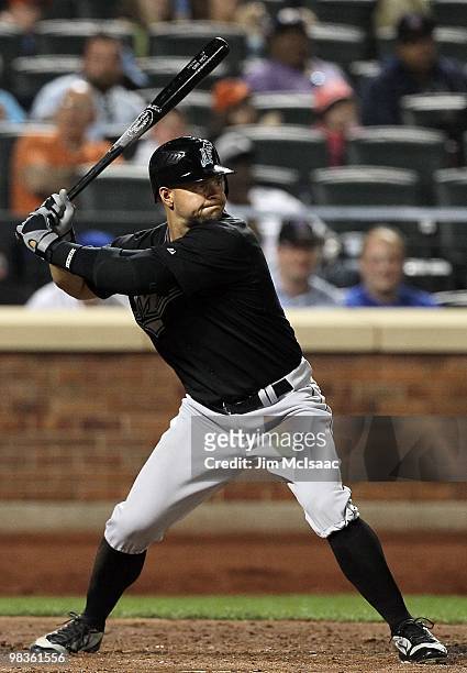 Cody Ross of the Florida Marlins bats against the New York Mets on April 7, 2010 at Citi Field in the Flushing neighborhood of the Queens borough of...