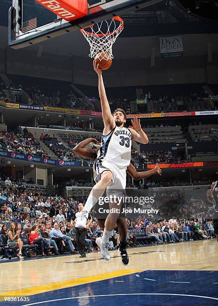Marc Gasol of the Memphis Grizzlies shoots a layup during the game against the San Antonio Spurs at the FedExForum on March 6, 2010 in Memphis,...