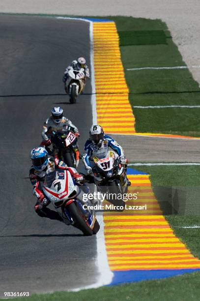 Carlos Checa of Spain and Althea Racing leads the fileds during the first qualifying session at Comunitat Valenciana Ricardo Tormo Circuit on April...
