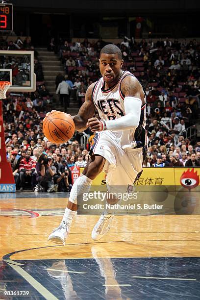 Terrence Williams of the New Jersey Nets drives to the basket during the game against the Cleveland Cavaliers at the IZOD Center on March 3, 2010 in...