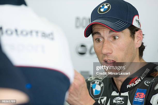 Ruben Xaus of Spain and BMW Motorrad Motorsport speaks during the first qualifying session at Comunitat Valenciana Ricardo Tormo Circuit on April 9,...