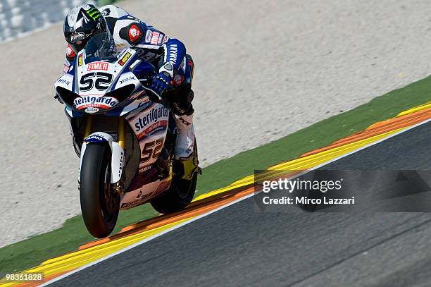 James Toseland of Britain and Yamaha Sterilgarda Team heads down a straight during the first qualifying session at Comunitat Valenciana Ricardo Tormo...