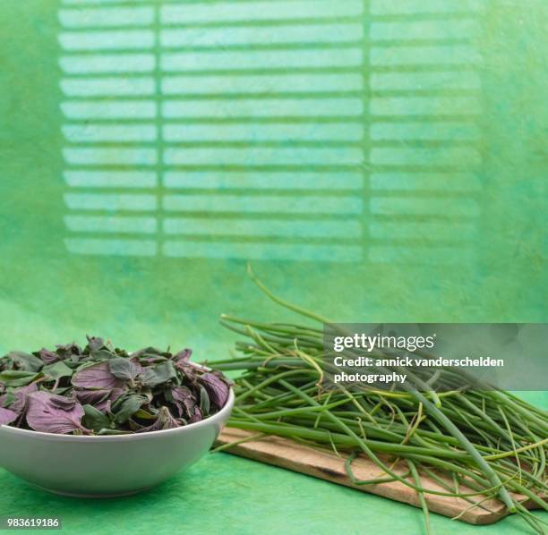 basilicum african blue-magic mountain and chives - basilikum photos et images de collection