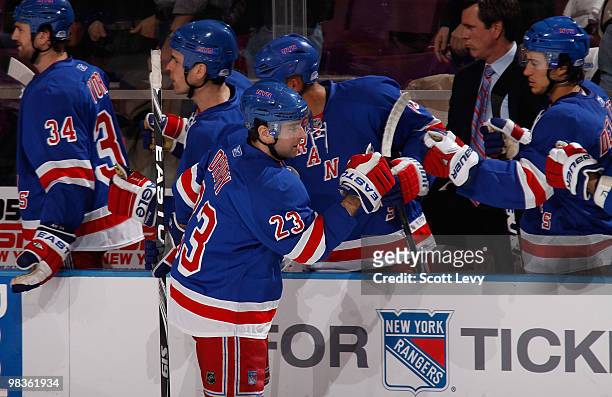 Chris Drury of the New York Rangers celebrates his first period goal against the Philadelphia Flyers on April 9, 2010 at Madison Square Garden in New...