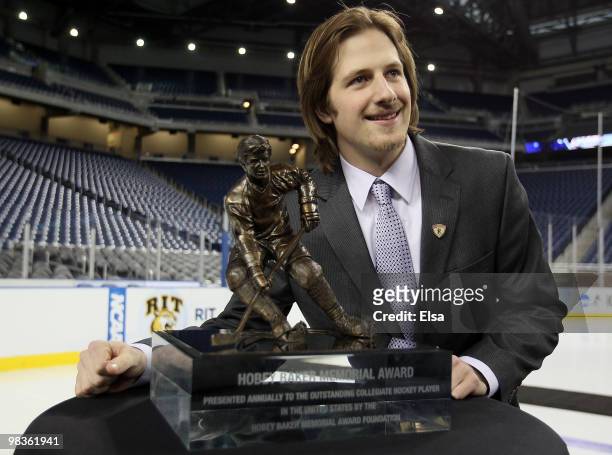 Blake Geoffrion of Wisconsin poses with the Hobey Baker Award after it was annouced after he won on April 9, 2010 during the Hobey Baker Award...