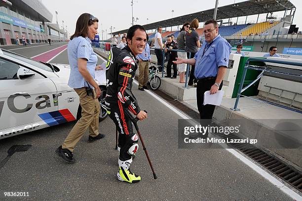 Toni Elias of Spain and Gresini Racing Moto2 arrives on track before the official photo session at Losail Circuit on April 9, 2010 in Doha, Qatar.