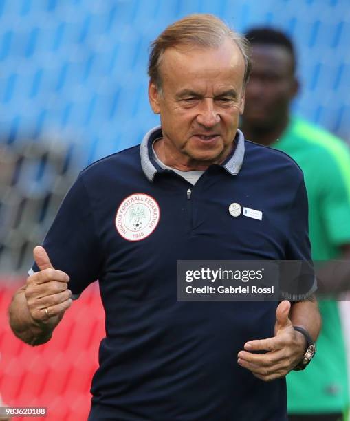 Gernot Rohr coach of Nigeria looks on during Team Nigeria field scouting at Zenit Arena onJune 25, 2018 in Saint Petersburg, Russia.