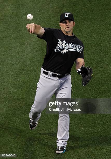 Dan Uggla of the Florida Marlins warms up before playing against the New York Mets on April 7, 2010 at Citi Field in the Flushing neighborhood of the...