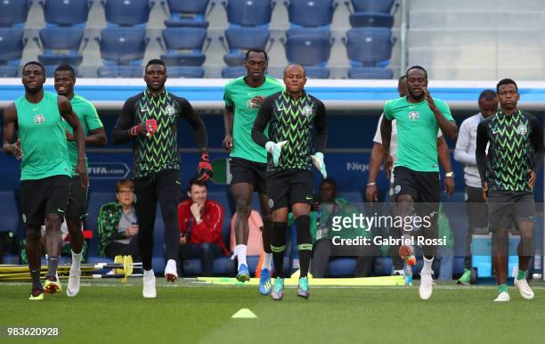 Ikechukwu Ezenwa of Nigeria and teammates warm up during Team Nigeria field scouting at Zenit Arena onJune 25, 2018 in Saint Petersburg, Russia.