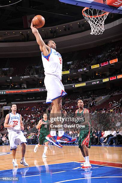 Andre Iguodala of the Philadelphia 76ers shoots against the Milwaukee Bucks during the game on April 9, 2010 at the Wachovia Center in Philadelphia,...