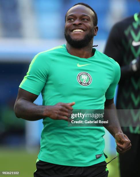 Victor Moses of Nigeria smiles during Team Nigeria field scouting at Zenit Arena onJune 25, 2018 in Saint Petersburg, Russia.