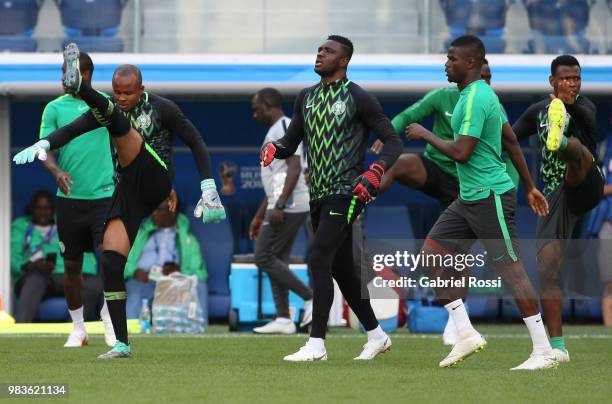 Ikechukwu Ezenwa of Nigeria and teammates warm up during Team Nigeria field scouting at Zenit Arena onJune 25, 2018 in Saint Petersburg, Russia.