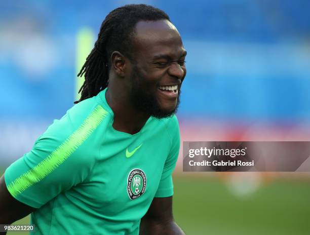 Victor Moses of Nigeria smiles during Team Nigeria field scouting at Zenit Arena onJune 25, 2018 in Saint Petersburg, Russia.