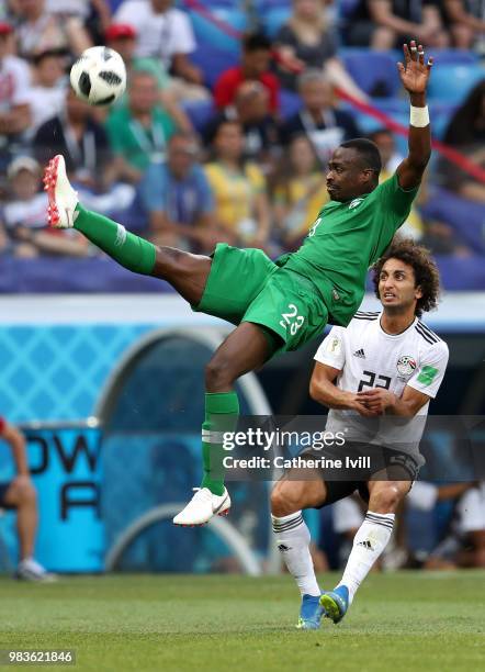 Motaz Hawsawi of Saudi Arabia performs an overhead kick during the 2018 FIFA World Cup Russia group A match between Saudia Arabia and Egypt at...