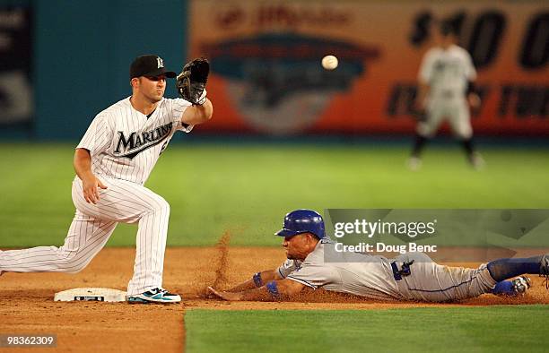 Rafael Furcal of the Los Angeles Dodgers steals second base ahead of the throw taken by second baseman Dan Uggla of the Florida Marlins during the...