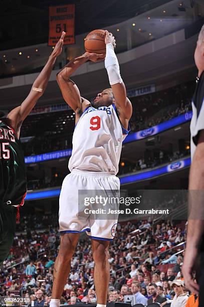 Andre Iguodala of the Philadelphia 76ers shoots against the Milwaukee Bucks during the game on April 9, 2010 at the Wachovia Center in Philadelphia,...