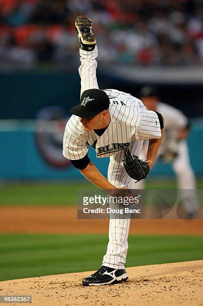 Starting pitcher Chris Volstad of the Florida Marlins pitches against the Los Angeles Dodgers during the Marlins home opening game at Sun Life...