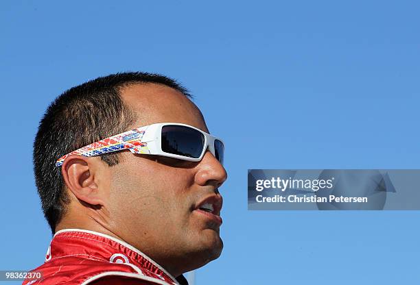 Juan Pablo Montoya, driver of the Target Chevrolet, looks on from the grid during qualifying for the NASCAR Sprint Cup Series Subway Fresh Fit 600 at...