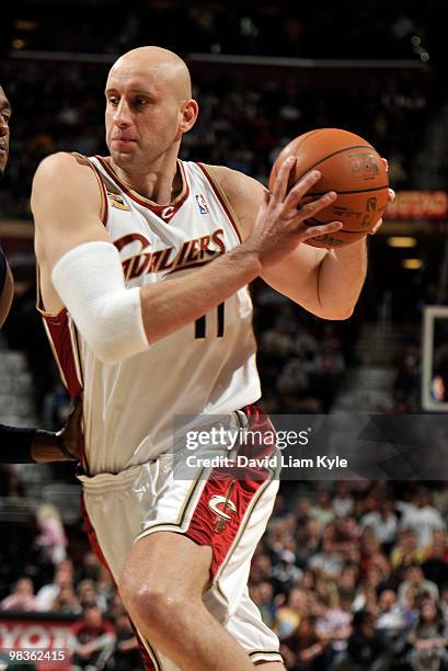 Zydrunas Ilgauskas of the Cleveland Cavaliers drives to the basket against the Indiana Pacers on April 9, 2010 at The Quicken Loans Arena in...