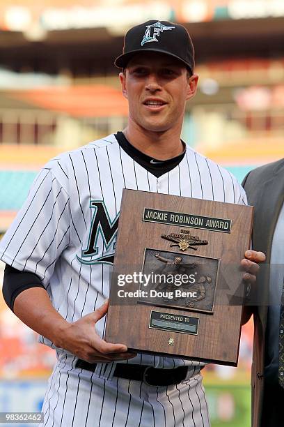 Chris Coghlan the Florida Marlins accepts the Jackie Robinson Award for his 2009 National League Rookie of the Year campaign before taking on the Los...