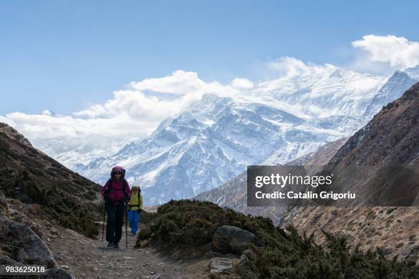 hikers walking on the trail in nepal, on annapurna circuit - annapurna circuit stockfoto's en -beelden