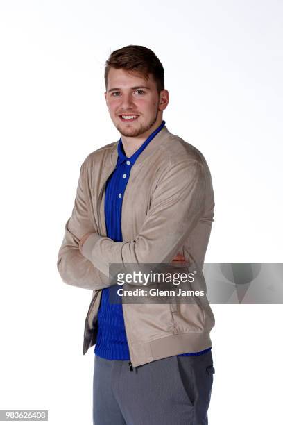 Draft pick Luka Doncic poses for a portrait at the Post NBA Draft press conference on June 22, 2018 at the American Airlines Center in Dallas, Texas....