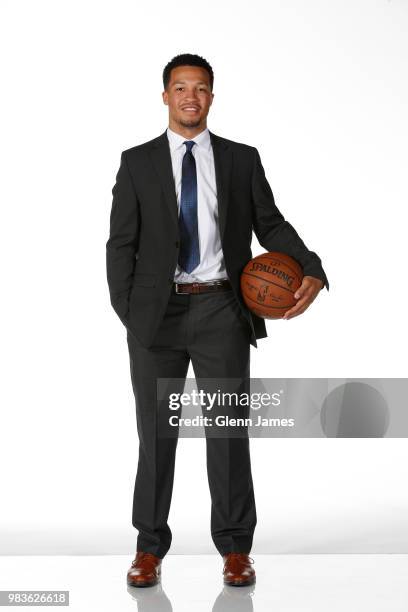 Draft Pick Jalen Brunson poses for a portrait at the Post NBA Draft press conference on June 22, 2018 at the American Airlines Center in Dallas,...