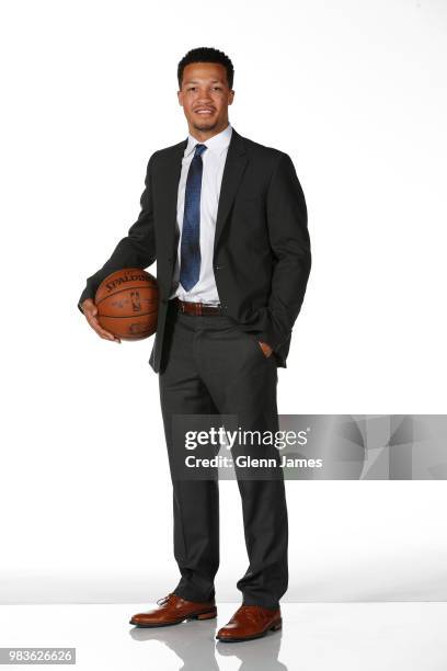 Draft Pick Jalen Brunson poses for a portrait at the Post NBA Draft press conference on June 22, 2018 at the American Airlines Center in Dallas,...
