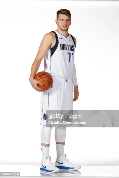 Draft pick Luka Doncic of the Dallas Mavericks poses for a portrait at the Post NBA Draft press conference on June 22, 2018 at the American Airlines...