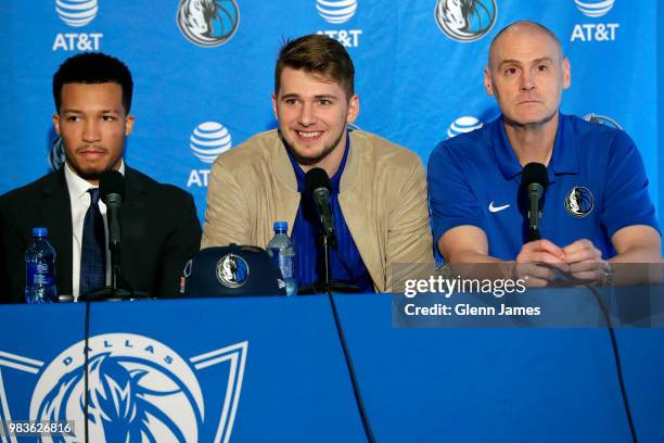 Draft Pick Luka Doncic speaks at the Post NBA Draft press conference on June 22, 2018 at the American Airlines Center in Dallas, Texas. NOTE TO USER:...