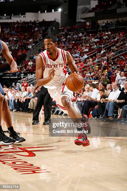 Trevor Ariza of the Houston Rockets drives against the Charlotte Bobcats on April 9, 2010 at the Toyota Center in Houston, Texas. NOTE TO USER: User...