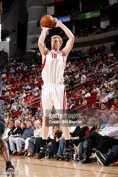 Chase Budinger of the Houston Rockets shoots the ball against the Charlotte Bobcats on April 9, 2010 at the Toyota Center in Houston, Texas. NOTE TO...