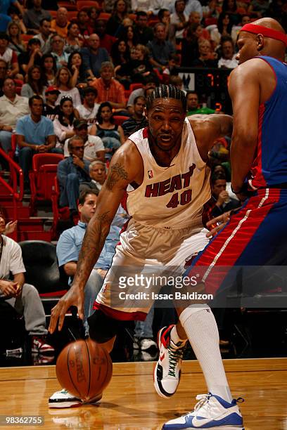 Udonis Haslem of the Miami Heat drives against the Detroit Pistons on April 9, 2010 at American Airlines Arena in Miami, Florida. NOTE TO USER: User...
