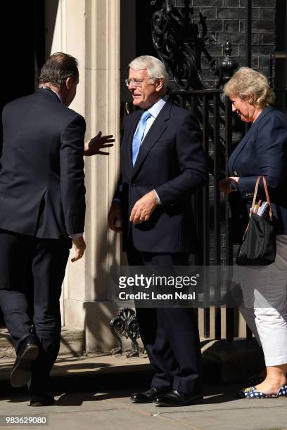Former British Prime Minister John Major is greeted as he arrives at Downing Street on June 25, 2018 in London, England.