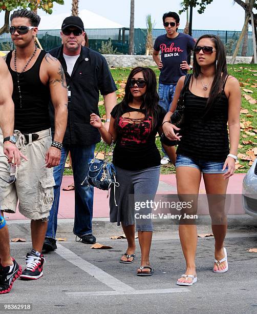 Paul "Pauly D" DelVecchio, Nicole 'Snooki' Polizzi and Sammi 'Sweatheart' Giancola are seen on April 9, 2010 in Miami Beach, Florida.