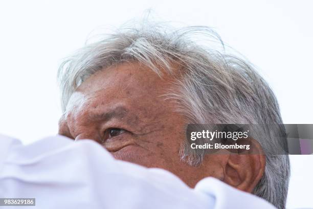 Andres Manuel Lopez Obrador, presidential candidate of the National Regeneration Movement Party , speaks during a closing campaign rally in San Luis...