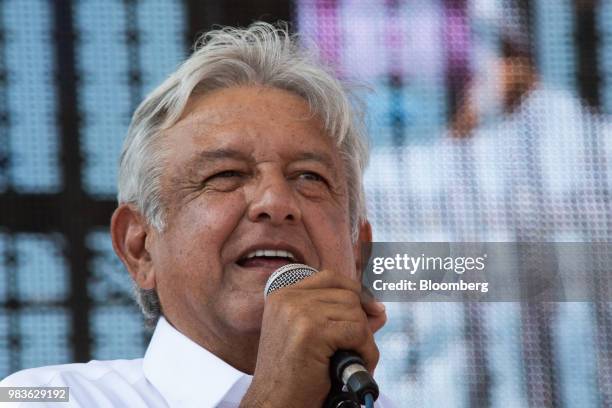 Andres Manuel Lopez Obrador, presidential candidate of the National Regeneration Movement Party , speaks during a closing campaign rally in San Luis...