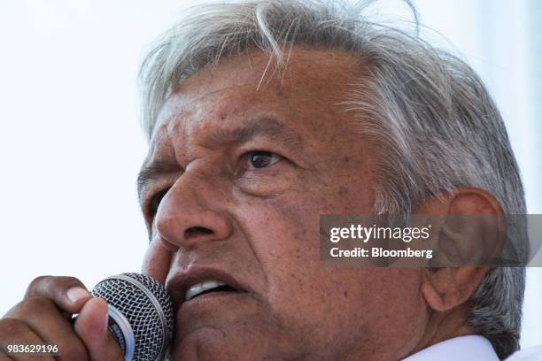 Andres Manuel Lopez Obrador, presidential candidate of the National Regeneration Movement Party , speaks during a closing campaign rally in San Luis...