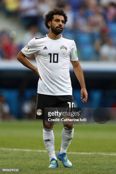 Mohamed Salah of Egypt looks on during the 2018 FIFA World Cup Russia group A match between Saudia Arabia and Egypt at Volgograd Arena on June 25,...