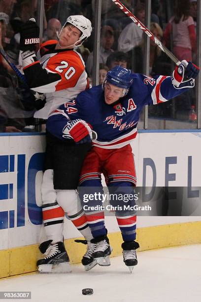 Ryan Callahan of the New York Rangers checks Chris Pronger of the Philadelphia Flyers during their game on April 9, 2010 at Madison Square Garden in...