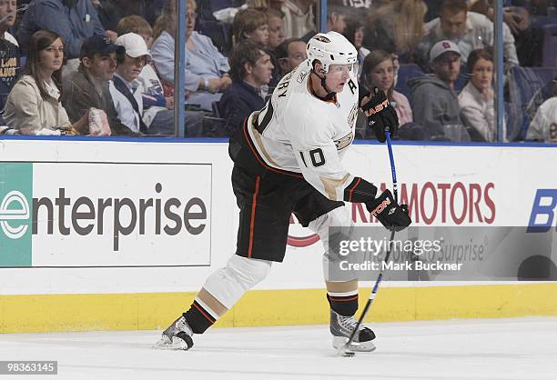 Corey Perry of the Anaheim Ducks shoots against the St. Louis Blues on April 9, 2010 at Scottrade Center in St. Louis, Missouri.